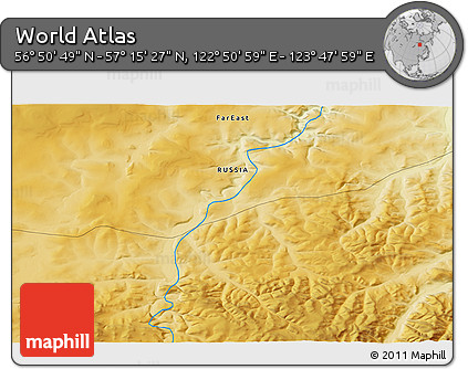 Physical 3D Map of the Area around 57° 3' 8" N, 123° 19' 29" E