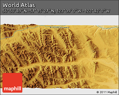 Physical 3D Map of the Area around 57° 3' 8" N, 123° 10' 30" W