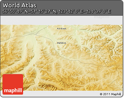 Physical 3D Map of the Area around 57° 3' 8" N, 124° 10' 30" E