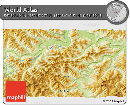 Physical 3D Map of the Area around 57° 3' 8" N, 130° 58' 29" E