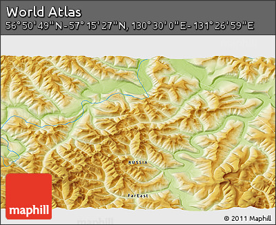 Physical 3D Map of the Area around 57° 3' 8" N, 130° 58' 29" E