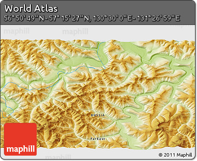 Physical 3D Map of the Area around 57° 3' 8" N, 130° 58' 29" E