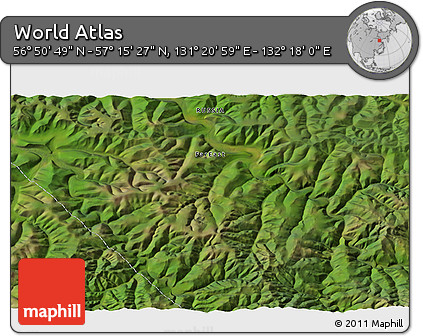 Satellite 3D Map of the Area around 57° 3' 8" N, 131° 49' 29" E