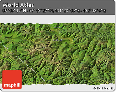 Satellite 3D Map of the Area around 57° 3' 8" N, 131° 49' 29" E