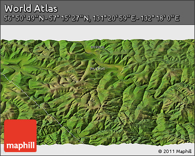 Satellite 3D Map of the Area around 57° 3' 8" N, 131° 49' 29" E