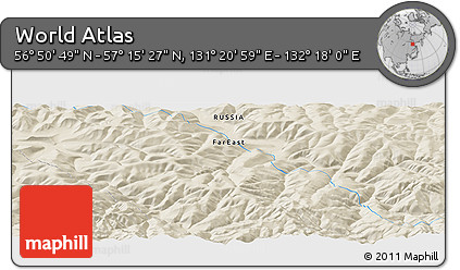 Shaded Relief Panoramic Map of the Area around 57° 3' 8" N, 131° 49' 29" E