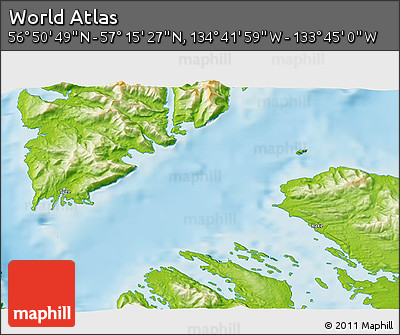 Physical 3D Map of the Area around 57° 3' 8" N, 134° 13' 29" W