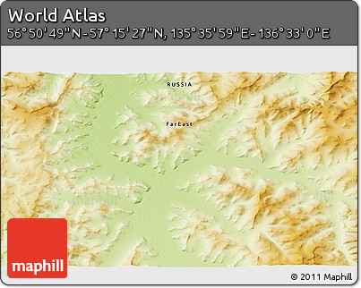 Physical 3D Map of the Area around 57° 3' 8" N, 136° 4' 29" E