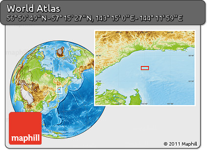 Physical Location Map of the Area around 57° 3' 8" N, 143° 43' 29" E