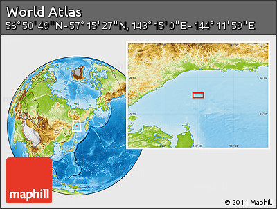 Physical Location Map of the Area around 57° 3' 8" N, 143° 43' 29" E