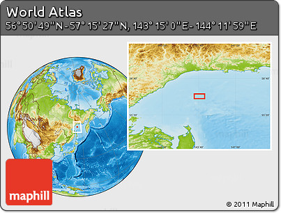 Physical Location Map of the Area around 57° 3' 8" N, 143° 43' 29" E