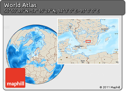Shaded Relief Location Map of the Area around 57° 3' 8" N, 14° 31' 30" E