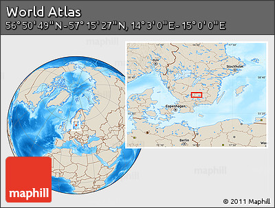 Shaded Relief Location Map of the Area around 57° 3' 8" N, 14° 31' 30" E