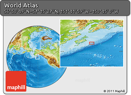 Physical Location Map of the Area around 57° 3' 8" N, 151° 13' 29" W