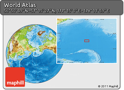 Physical Location Map of the Area around 57° 3' 8" N, 177° 43' 29" E