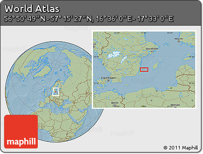 Savanna Style Location Map of the Area around 57° 3' 8" N, 17° 4' 30" E, hill shading