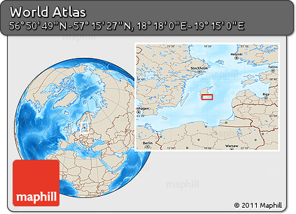 Shaded Relief Location Map of the Area around 57° 3' 8" N, 18° 46' 29" E