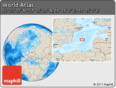 Shaded Relief Location Map of the Area around 57° 3' 8" N, 18° 46' 29" E
