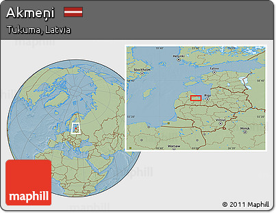 Savanna Style Location Map of Akmeņi, hill shading