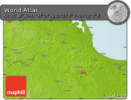 Physical Map of the Area around 57° 3' 8" N, 23° 1' 29" E