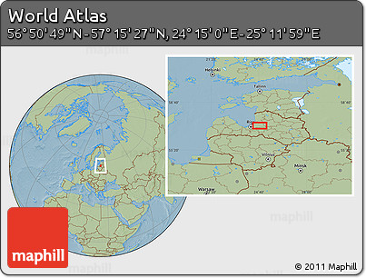 Savanna Style Location Map of the Area around 57° 3' 8" N, 24° 43' 30" E, hill shading