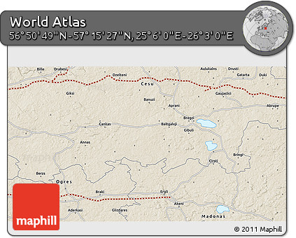 Shaded Relief 3D Map of the Area around 57° 3' 8" N, 25° 34' 30" E