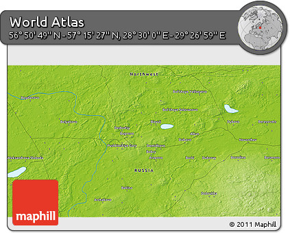 Physical 3D Map of the Area around 57° 3' 8" N, 28° 58' 30" E