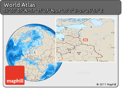 Shaded Relief Location Map of the Area around 57° 3' 8" N, 28° 58' 30" E