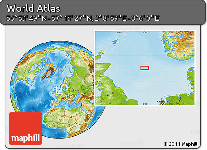 Physical Location Map of the Area around 57° 3' 8" N, 2° 37' 30" E
