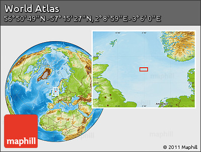 Physical Location Map of the Area around 57° 3' 8" N, 2° 37' 30" E