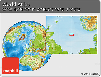 Physical Location Map of the Area around 57° 3' 8" N, 2° 37' 30" E