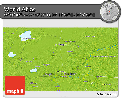 Physical 3D Map of the Area around 57° 3' 8" N, 30° 40' 29" E