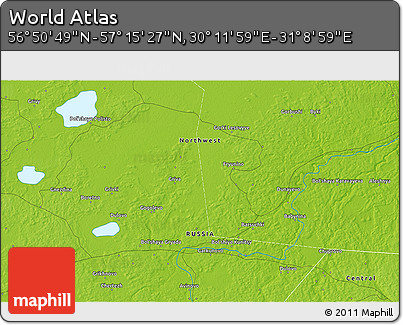 Physical 3D Map of the Area around 57° 3' 8" N, 30° 40' 29" E