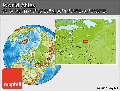 Physical Location Map of the Area around 57° 3' 8" N, 30° 40' 29" E