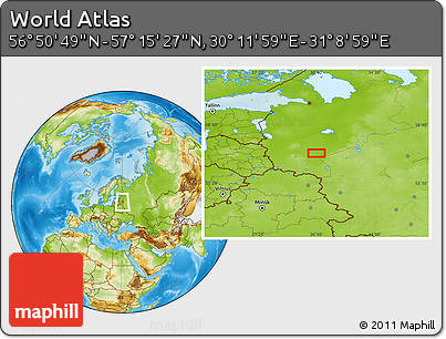 Physical Location Map of the Area around 57° 3' 8" N, 30° 40' 29" E