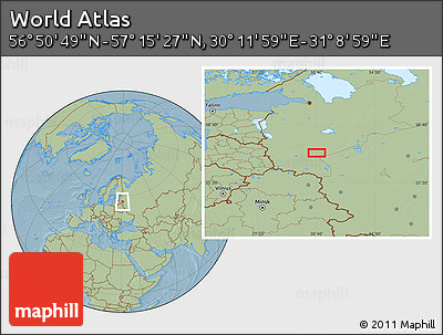 Savanna Style Location Map of the Area around 57° 3' 8" N, 30° 40' 29" E, hill shading