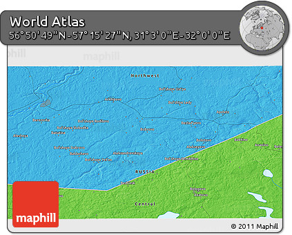 Political 3D Map of the Area around 57° 3' 8" N, 31° 31' 29" E