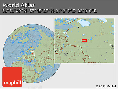 Savanna Style Location Map of the Area around 57° 3' 8" N, 31° 31' 29" E, hill shading