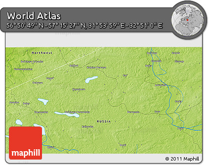 Physical 3D Map of the Area around 57° 3' 8" N, 32° 22' 30" E