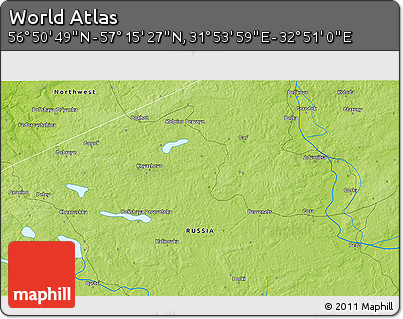 Physical 3D Map of the Area around 57° 3' 8" N, 32° 22' 30" E