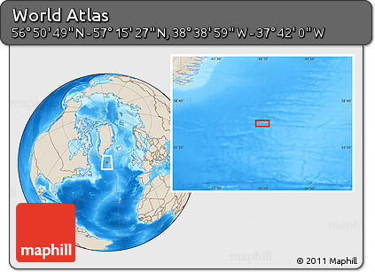 Shaded Relief Location Map of the Area around 57° 3' 8" N, 38° 10' 29" W