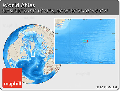 Shaded Relief Location Map of the Area around 57° 3' 8" N, 38° 10' 29" W
