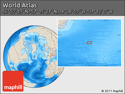 Shaded Relief Location Map of the Area around 57° 3' 8" N, 38° 10' 29" W