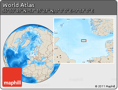 Shaded Relief Location Map of the Area around 57° 3' 8" N, 3° 28' 30" E