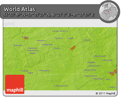 Physical 3D Map of the Area around 57° 3' 8" N, 46° 49' 30" E