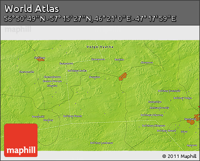 Physical 3D Map of the Area around 57° 3' 8" N, 46° 49' 30" E