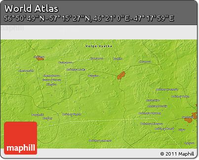 Physical 3D Map of the Area around 57° 3' 8" N, 46° 49' 30" E