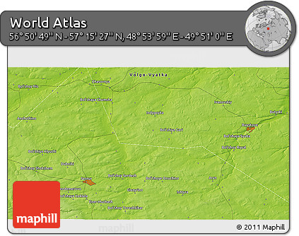Physical 3D Map of the Area around 57° 3' 8" N, 49° 22' 30" E