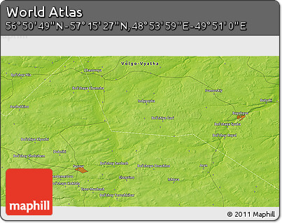 Physical 3D Map of the Area around 57° 3' 8" N, 49° 22' 30" E
