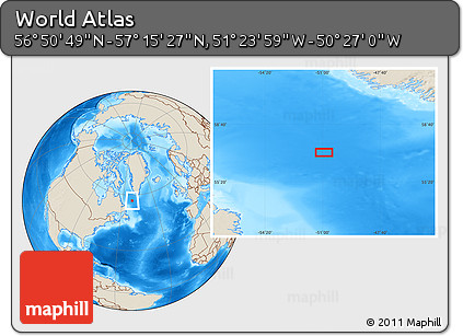 Shaded Relief Location Map of the Area around 57° 3' 8" N, 50° 55' 29" W